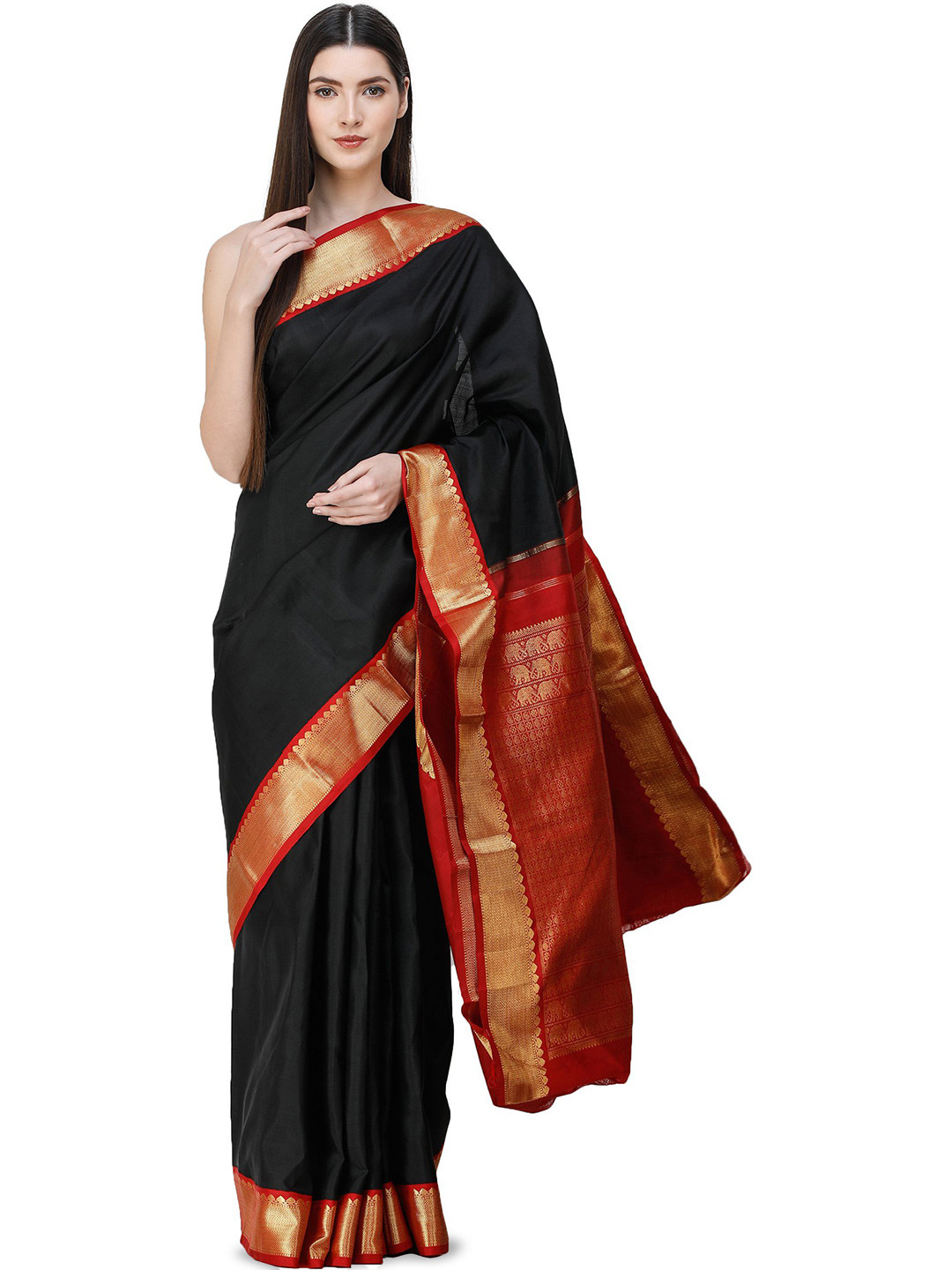 Exotic India Caviar Black Kanjivaram Saree with Zari-Woven Motif on Anchal