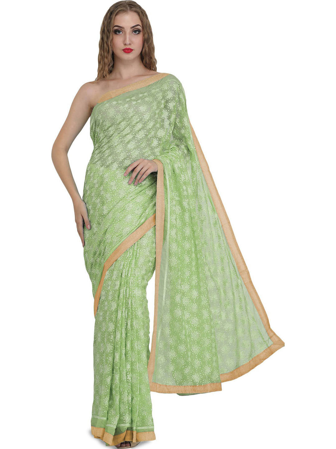 Exotic India Butterfly Green Saree with Phulkari Embroidery in Self and Golden Border