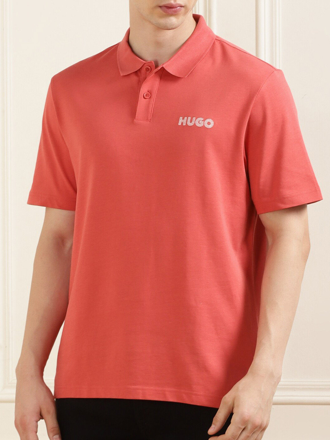 HUGO Men Polo Collar Self Design T-shirt