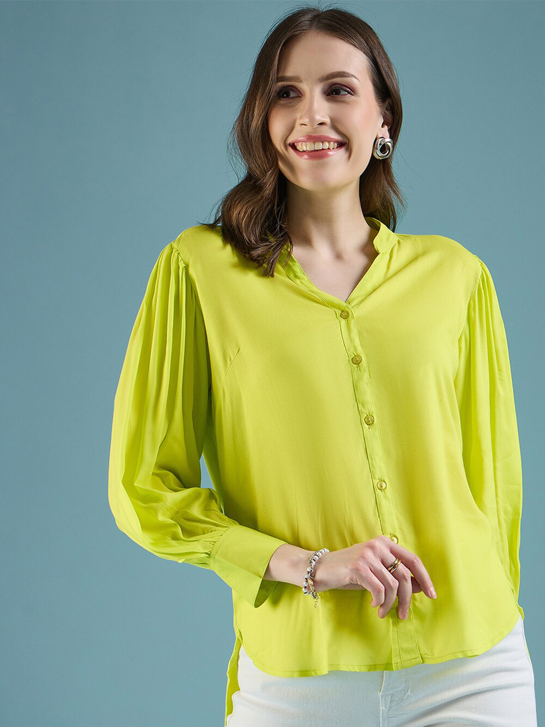 DressBerry Lime Green Classic Mandarin Collar Casual Shirt