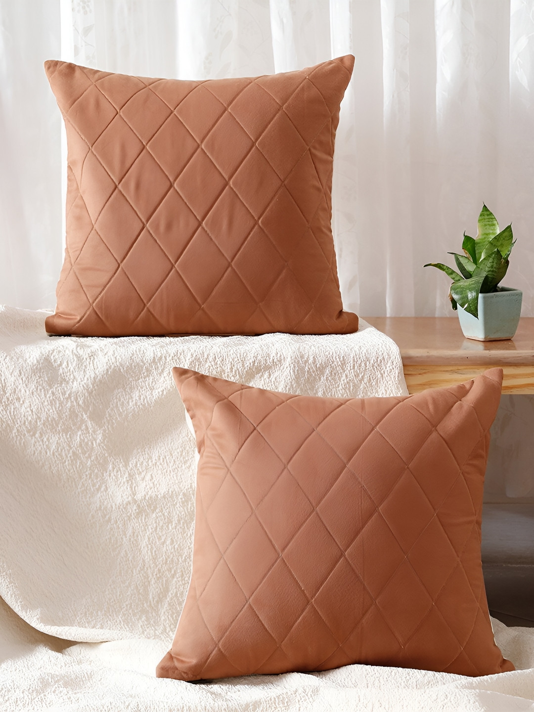 Ratan Cart Rust 2 Pieces Geometric Textured Square Cushion Covers