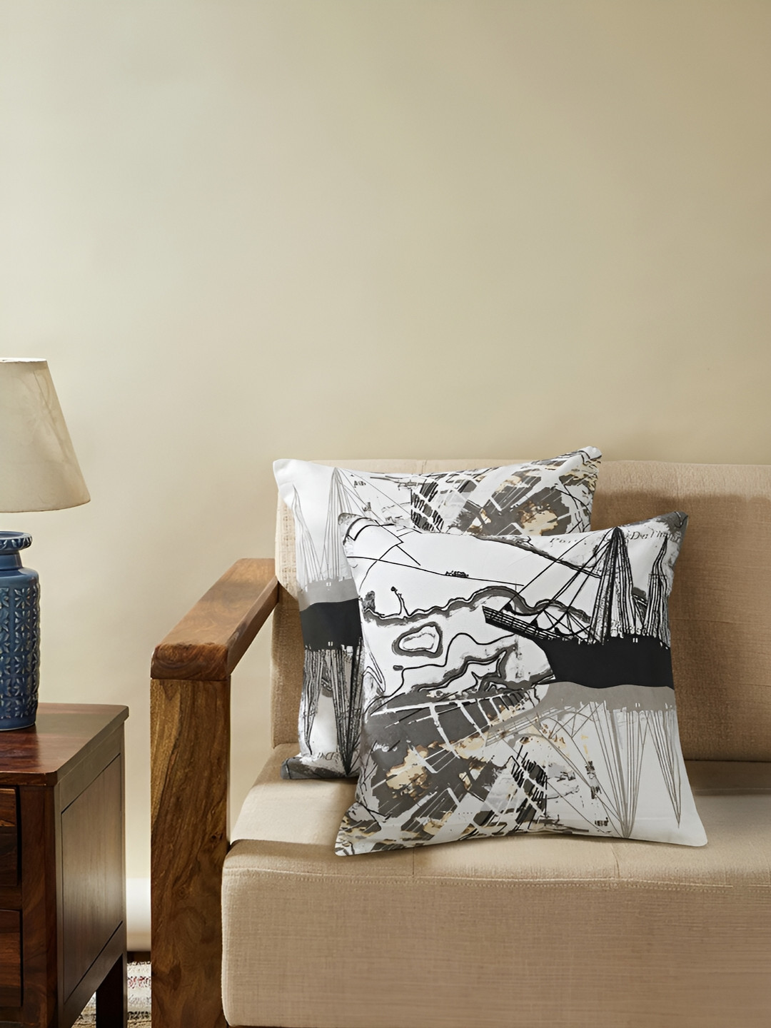 Ratan Cart Grey Abstract Polyester Silk Lightweight 2 Piece Square Cushion Covers -16x16In