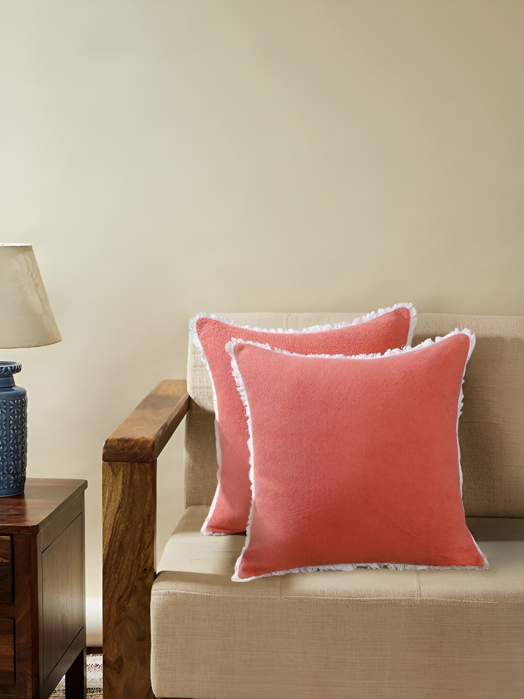 Ratan Cart Peach & White 2 Pieces Cotton Square Cushion Covers