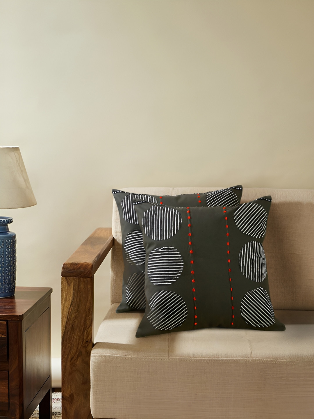 Ratan Cart Lightweight Charcoal Geometric Cotton 2 Piece Square Cushion Covers -20x20In