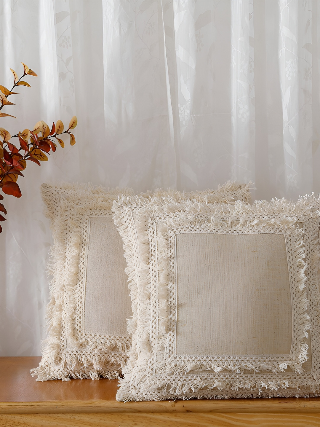 TARAN LIVING Beige & Off White 2 Pieces Embroidered Textured Cotton Square Cushion Covers