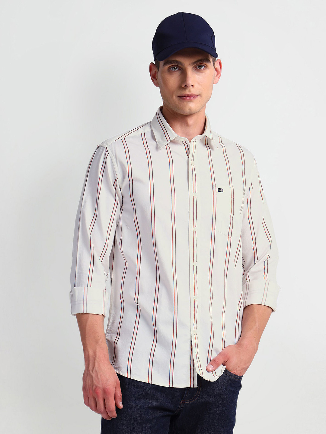 Arrow Sport Slim Fit Multi Striped Spread Collar Long Sleeves Cotton Casual Shirt