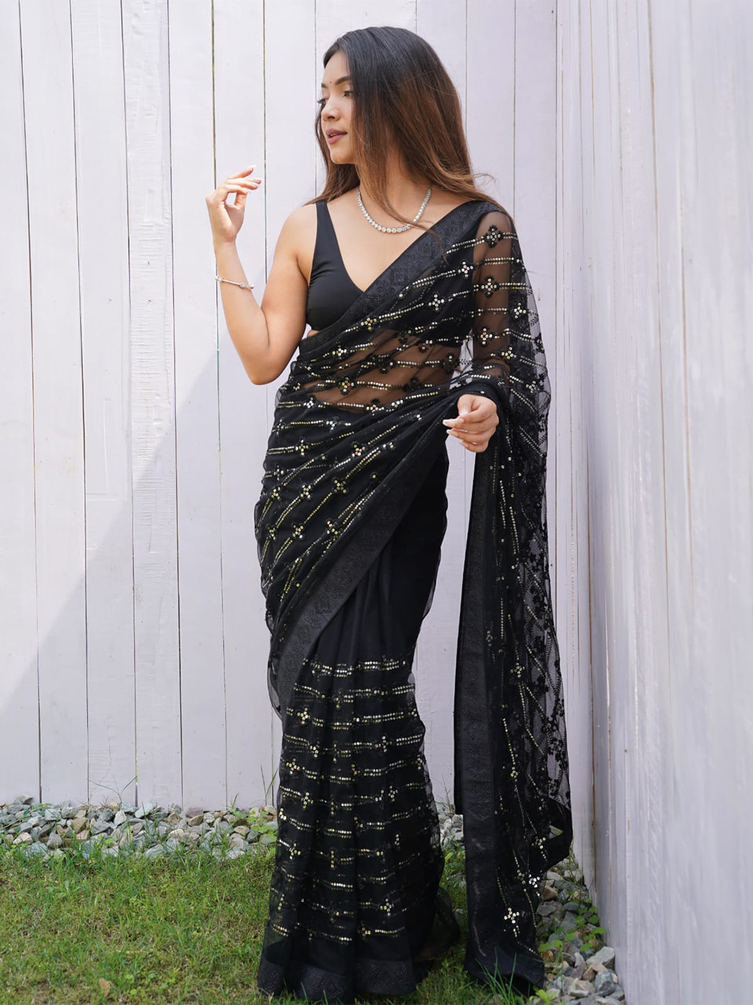RV CREATION Beads and Stones Sequinned Net Saree