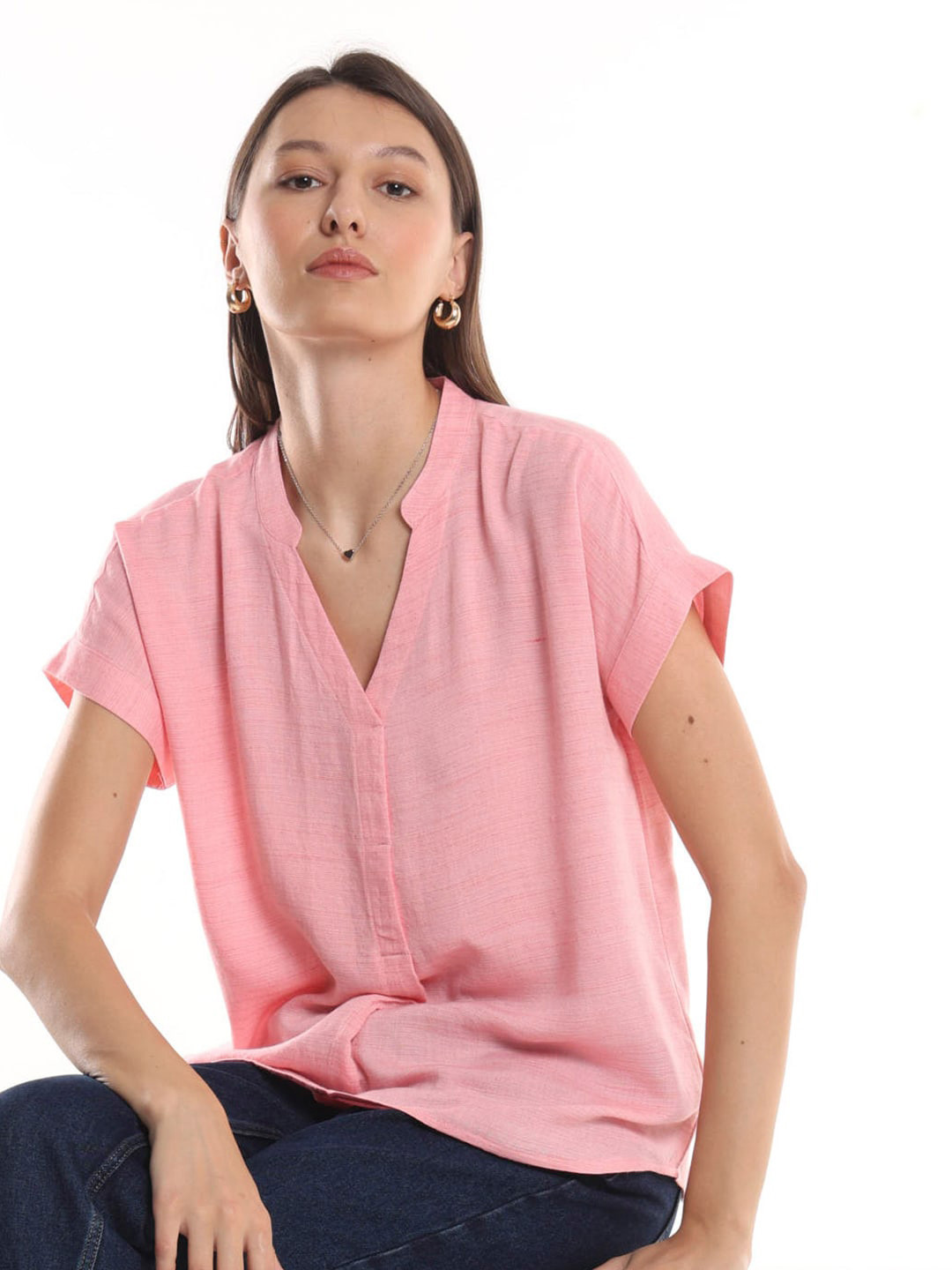 Gazillion Mandarin Collar Cap Sleeves Top