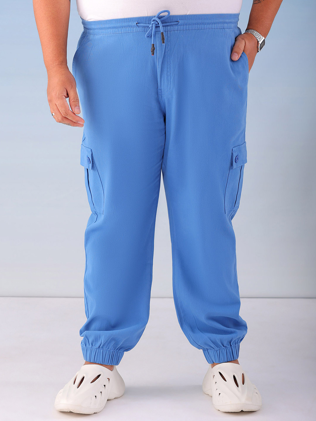 Hardsoda by The Indian Garage Co Men Plus Size Mid-Rise Plain Drawstring Cotton Cargos Trousers