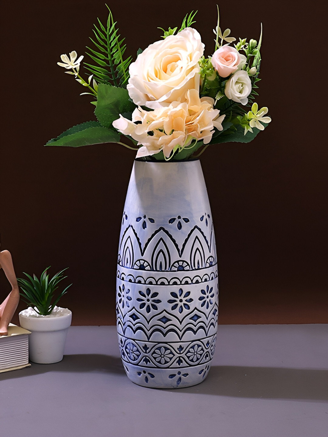 Aura White & Blue Printed Hollow Flower Vase