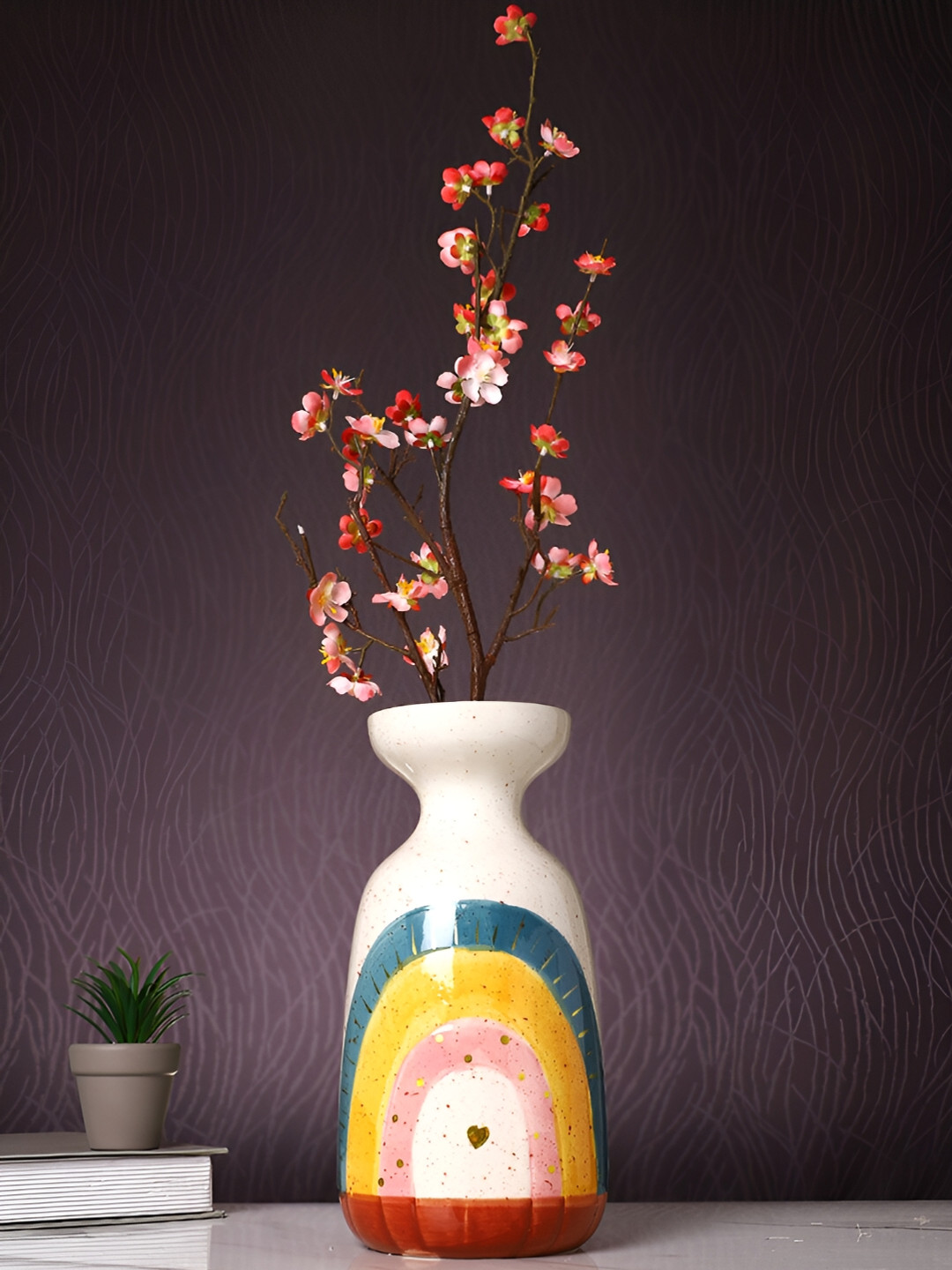 Aura Cream & Green Abstract Ceramic Flower Vase