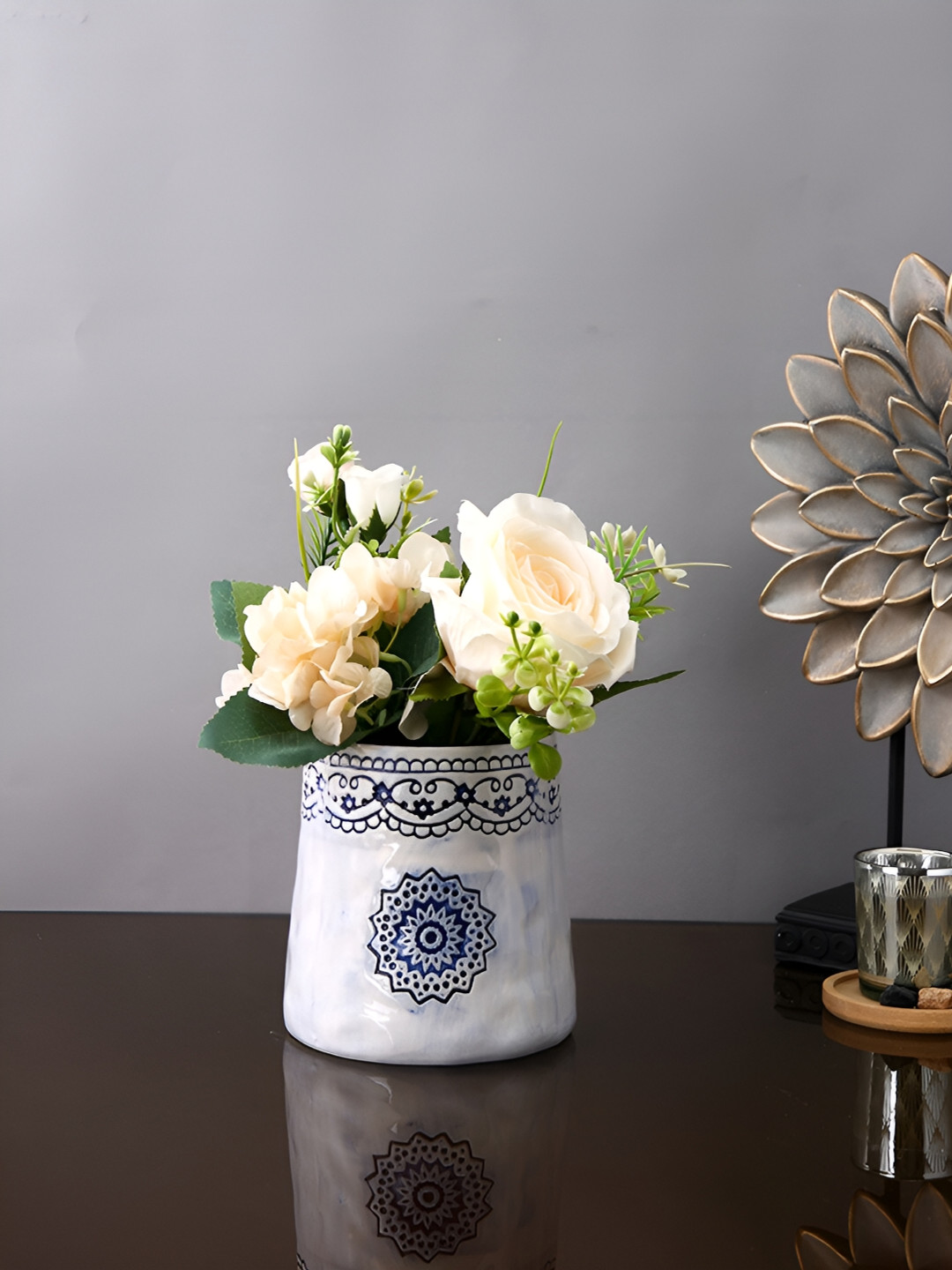 Aura White & Navy Blue Printed Ceramic Vase