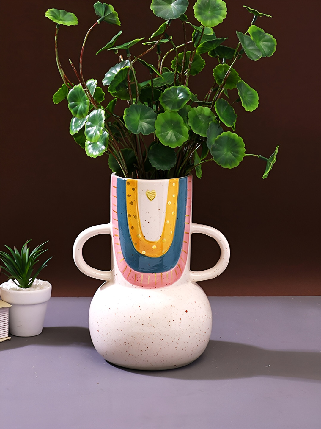 Aura Cream Coloured & Yellow Printed Abstract Shaped Ceramic Flower Vase