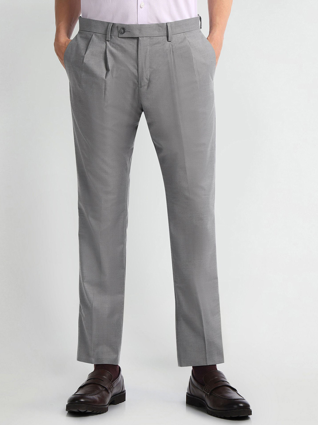 Arrow Men Slim Fit Self Design Pleated Mi-Rise Formal Trousers