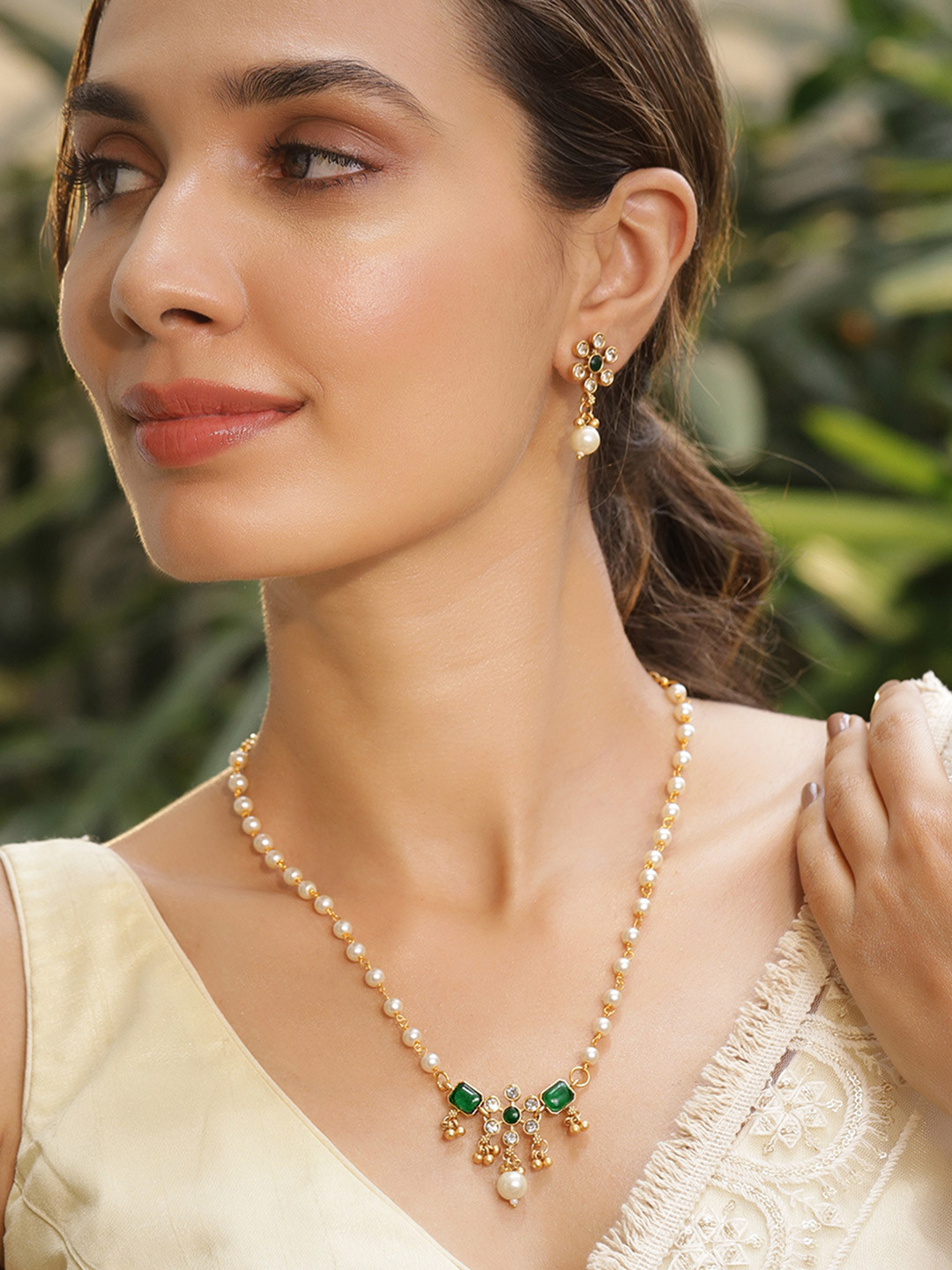 Rubans 22K Gold-Plated White Pearl Beaded Necklace Set with Emerald & CZ Studded Pendant