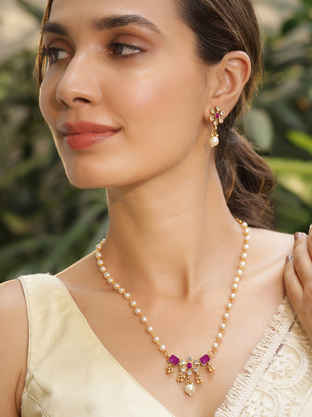 Rubans 22K Gold-Plated White Pearl Beaded Necklace Set with Ruby Pink & CZ Studded Pendant