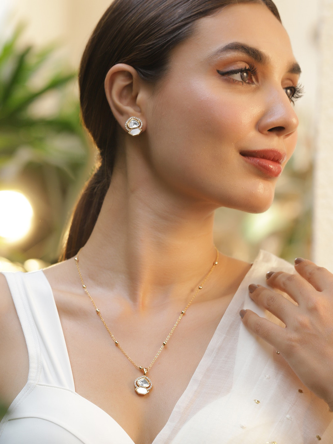 Rubans 22KT Gold Plated Polki Stone Studded Intricate Necklace Set