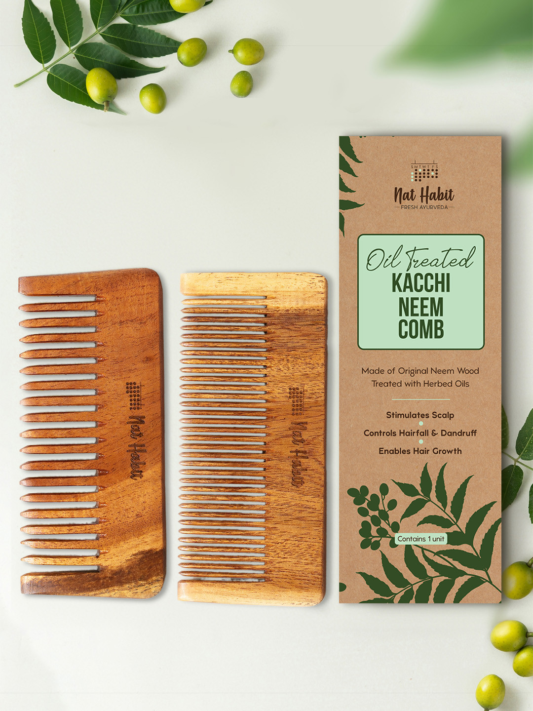 Nat Habit 2Pcs Kacchi Neem Wooden Comb- Soaked in 17 Herbs & Oils - Fine + Wide Tooth Comb