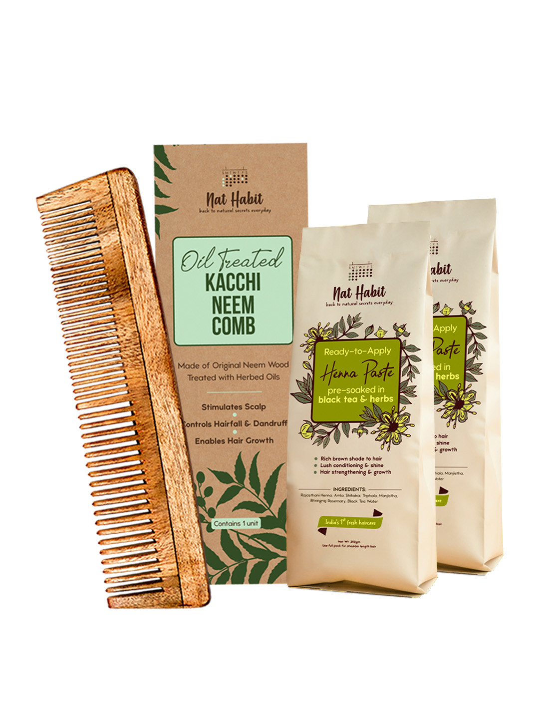 Nat Habit Set Of 2 Neem Kacchi Comb & Ready To Apply Henna Paste - 250 gm