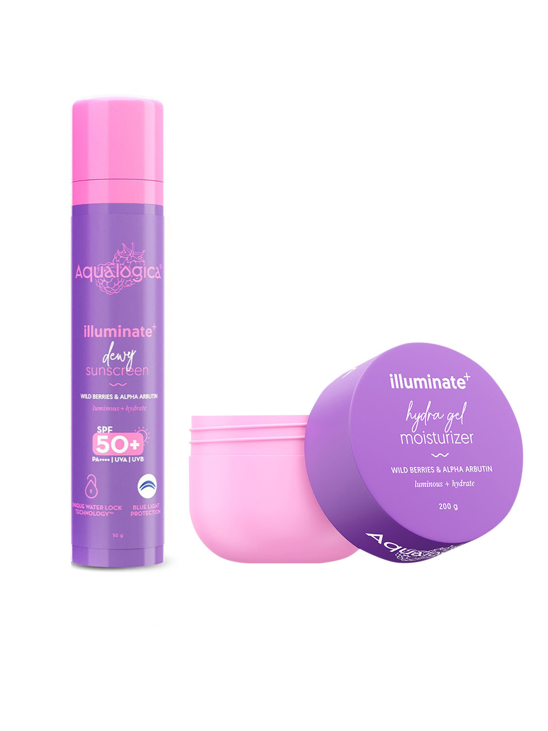 Aqualogica Set of Illuminate+ Dewy SPF50 Sunscreen - 50 g & Hydra Gel Moisturizer - 200 g