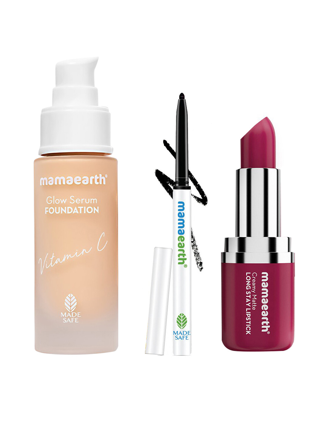 Mamaearth Set of Long Stay Kajal + Glow Serum Foundation + Creamy Matte Lipstick