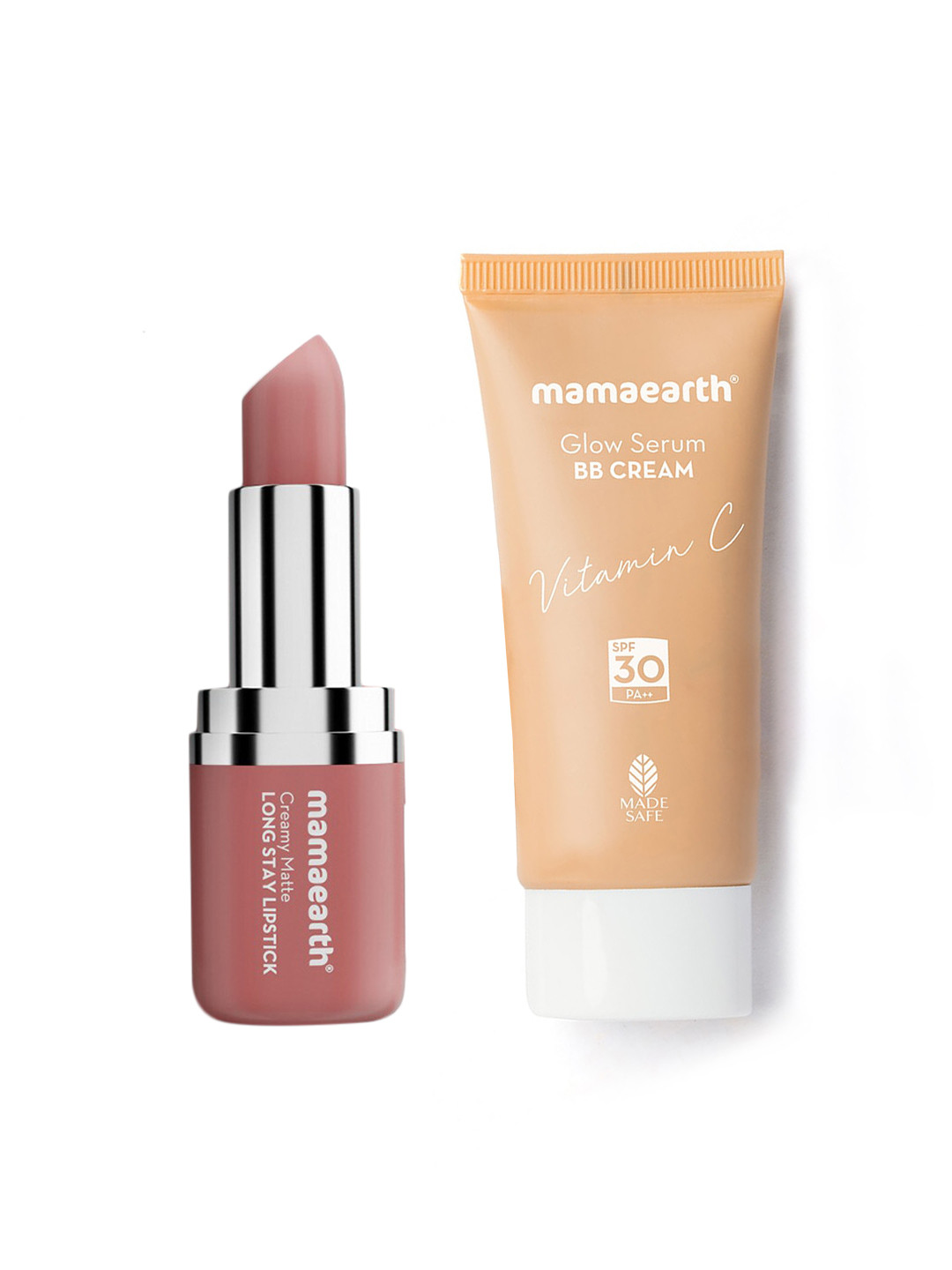 Mamaearth Set of Glow Serum BB Cream-Natural & Creamy Matte Lipstick-Pillow Nude