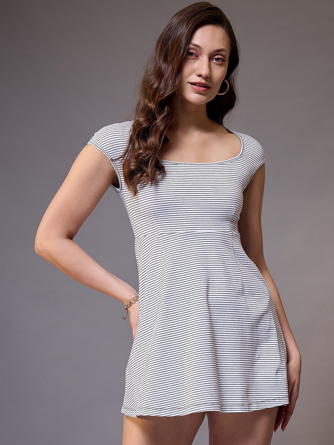 STYLECAST X KASSUALLY White Square Neck Striped Fit & Flare Mini Dress