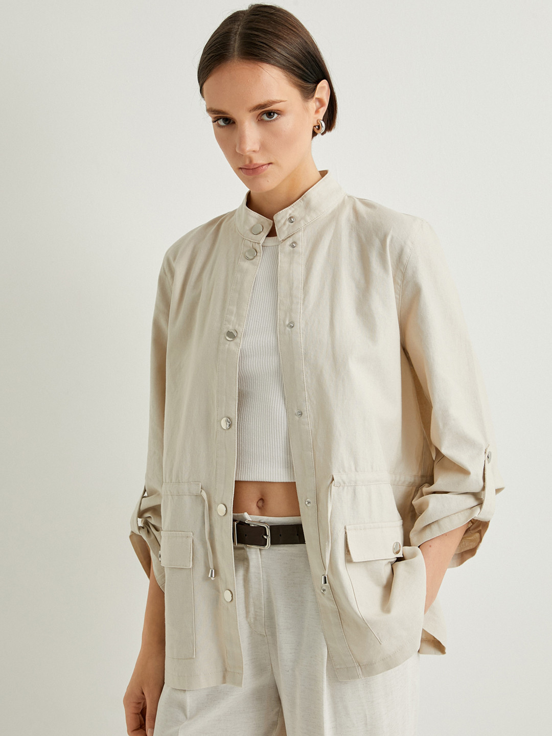 Koton Mandarin Collar Roll-Up Sleeves Linen Cotton Shacket