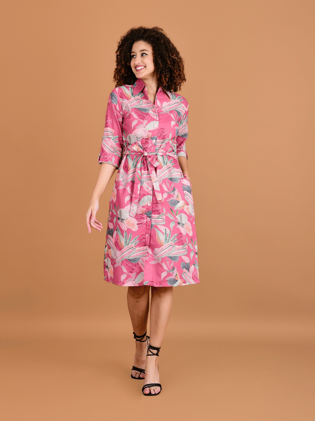 Boholyfe Floral Printed Shirt Collar Roll-Up Sleeves Dress