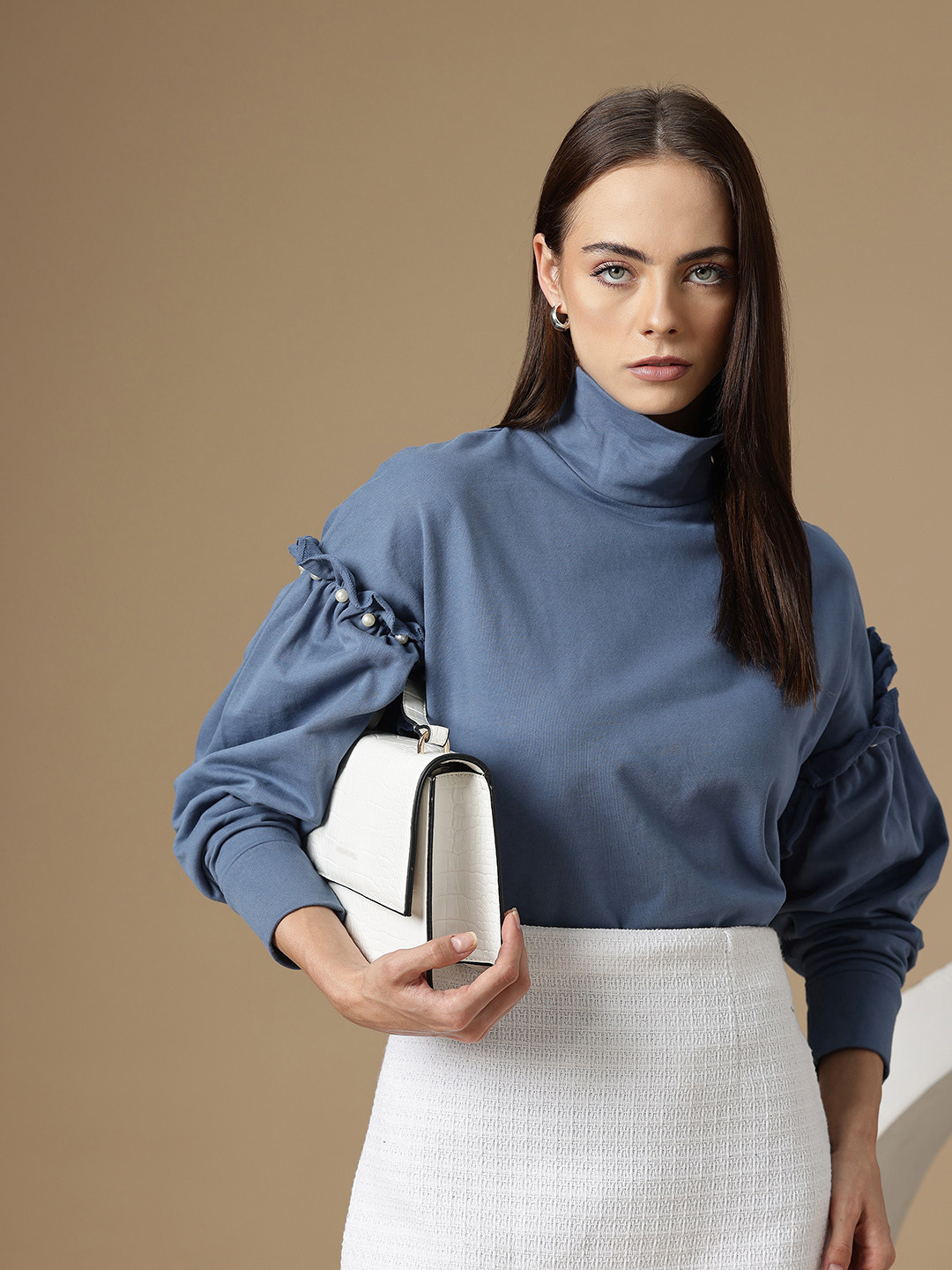 Chemistry Pure Cotton High-Neck Ruffle Drop-Shoulder Sleeves Sweatshirt