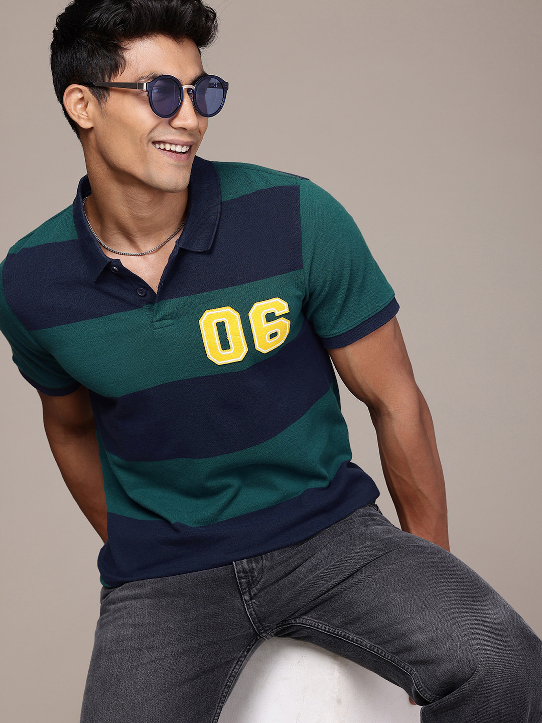 WROGN Striped  with Applique Detail Polo Collar Pure Cotton T-shirt