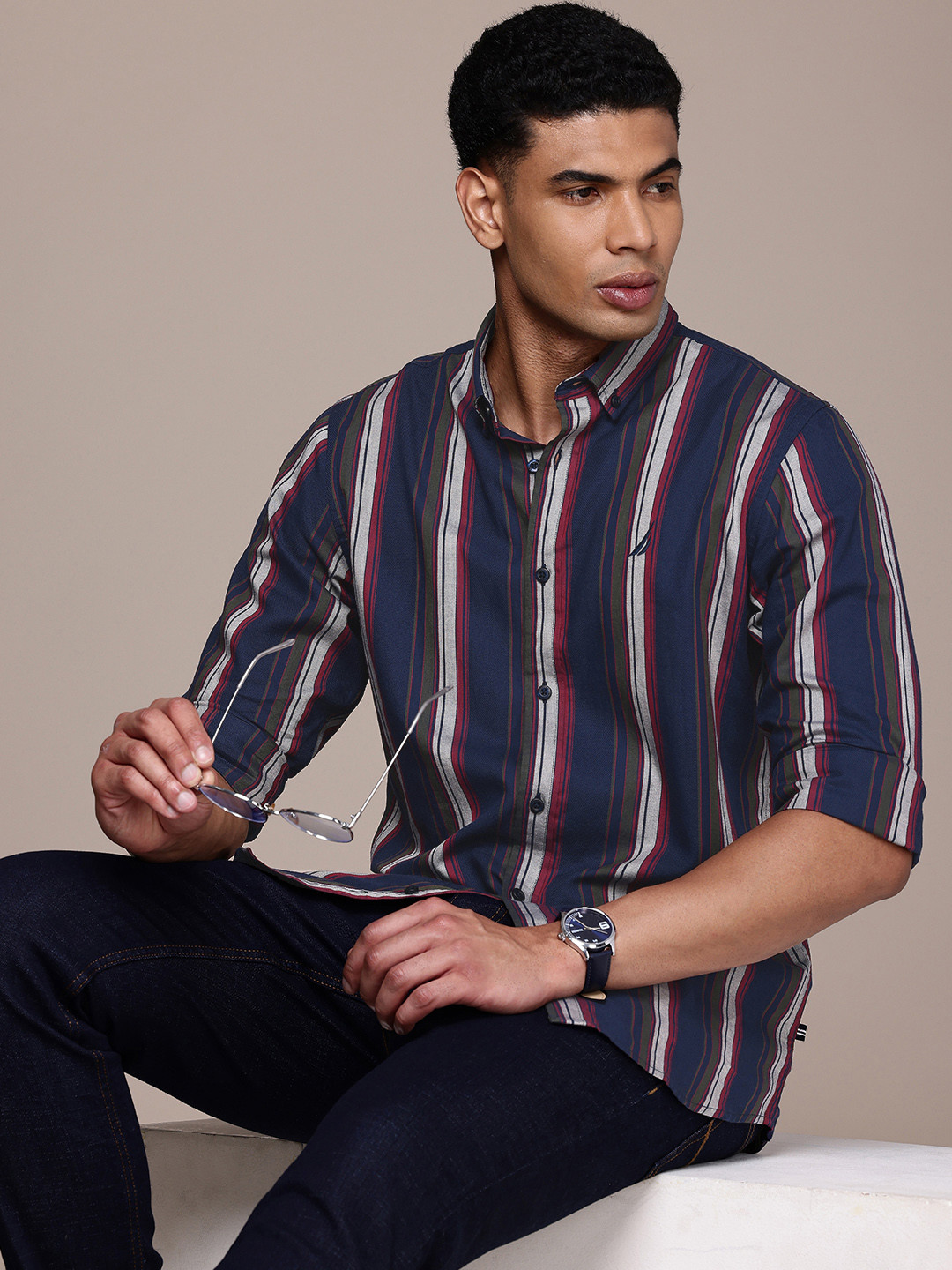 Nautica Classic Vertical Stripes Button-Down Collar Pure Cotton Casual Shirt