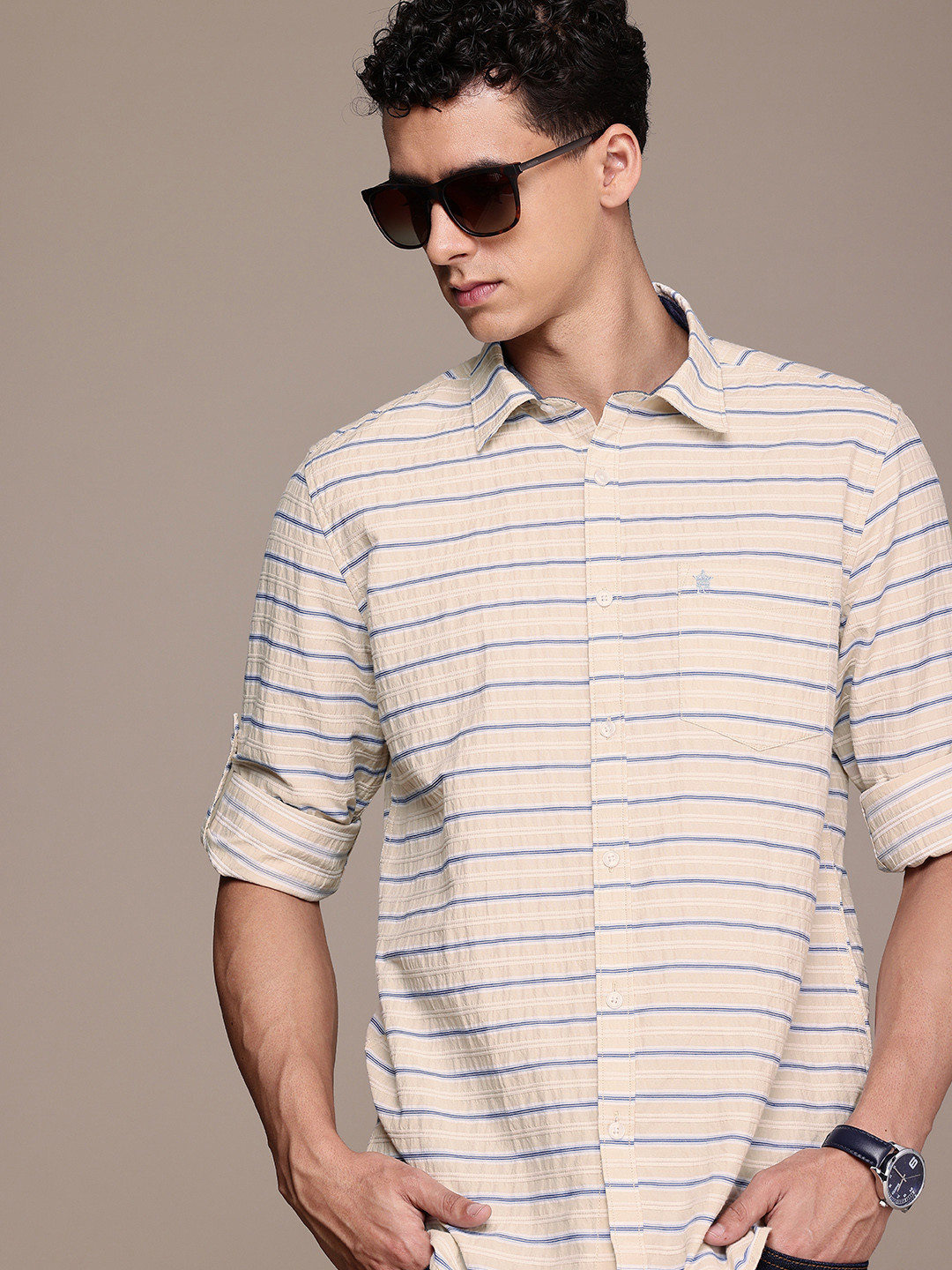 French Connection Slim Fit Self Striped Roll-Up Sleeves Casual Shirt