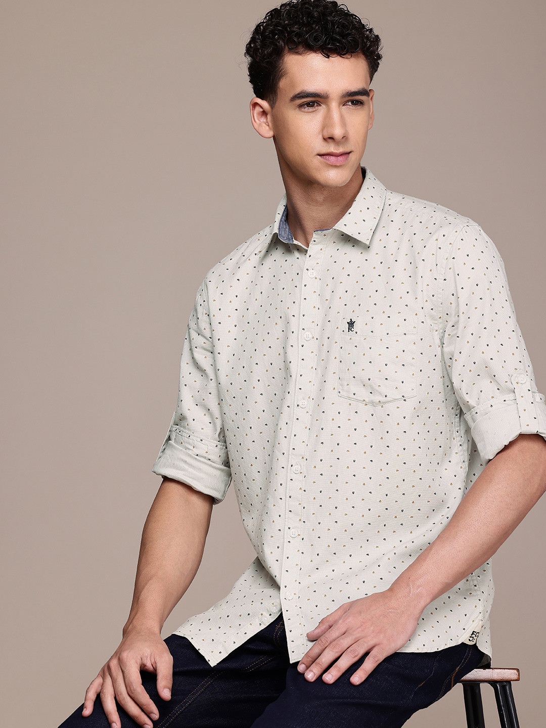 French Connection Slim Fit Textured Micro Ditsy Print Pure Cotton Casual Shirt