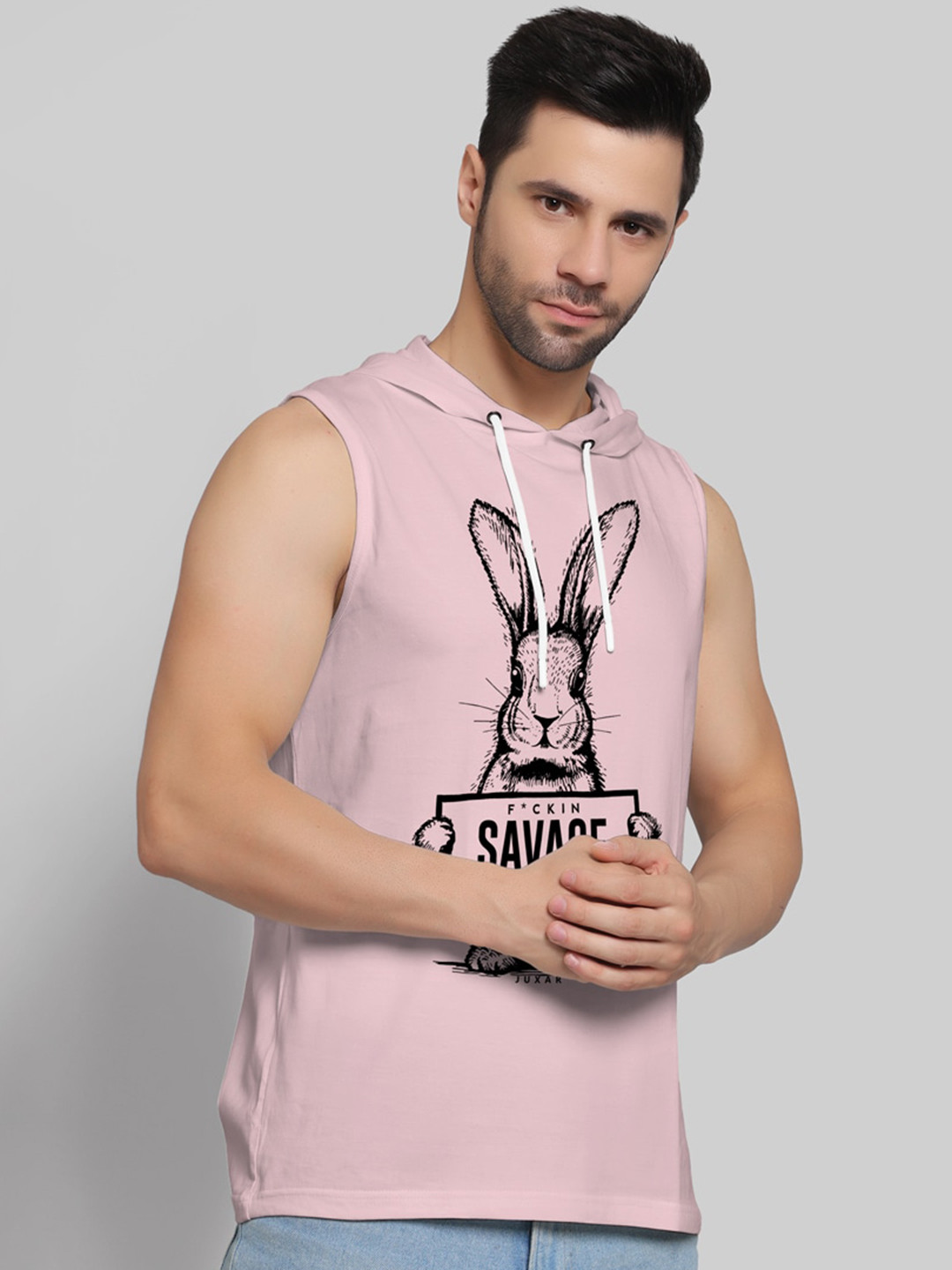 Juxar Printed Hooded Sleeveless Cotton Vest HODY-39-LPK-XS