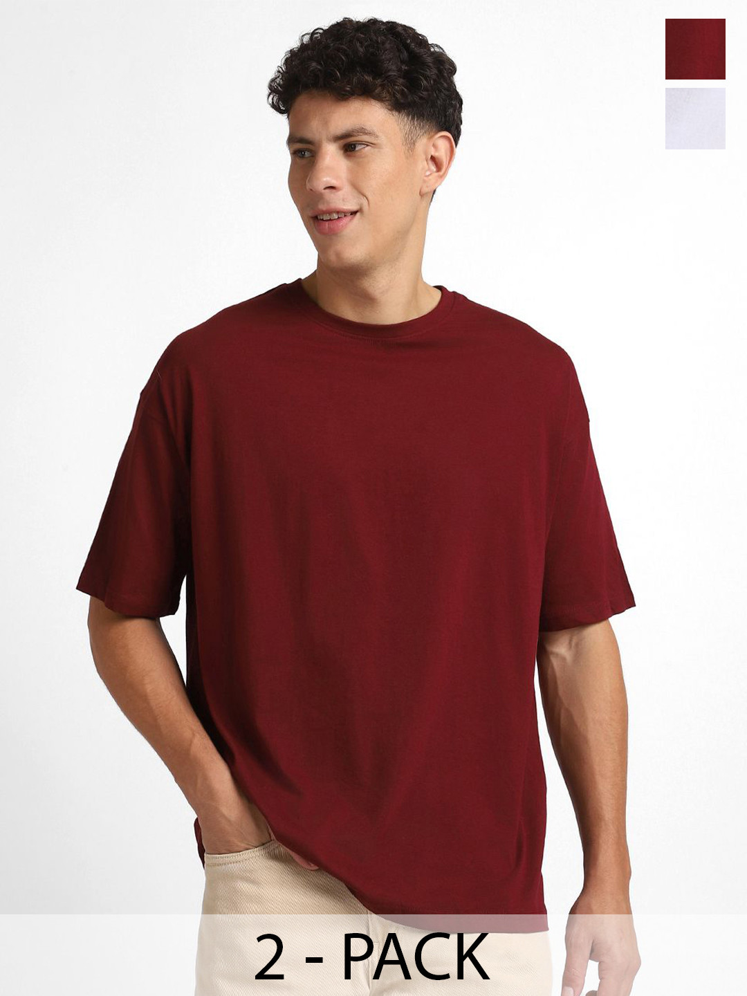 NOBERO Men Pack of 2 Oversized Round Neck Solid Cotton T-shirt