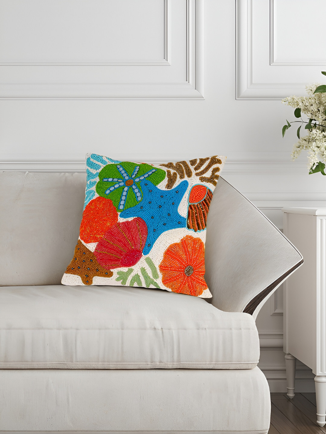 YWULY Red & Blue Floral Embellished Square Cushion Cover