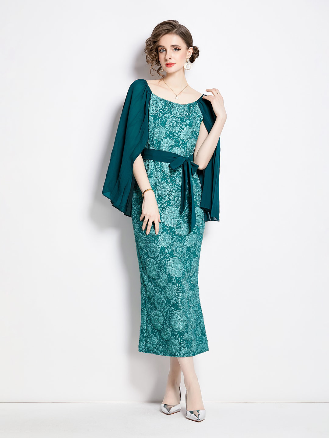 JC Collection Floral Printed Cape Sleeve Maxi Dress