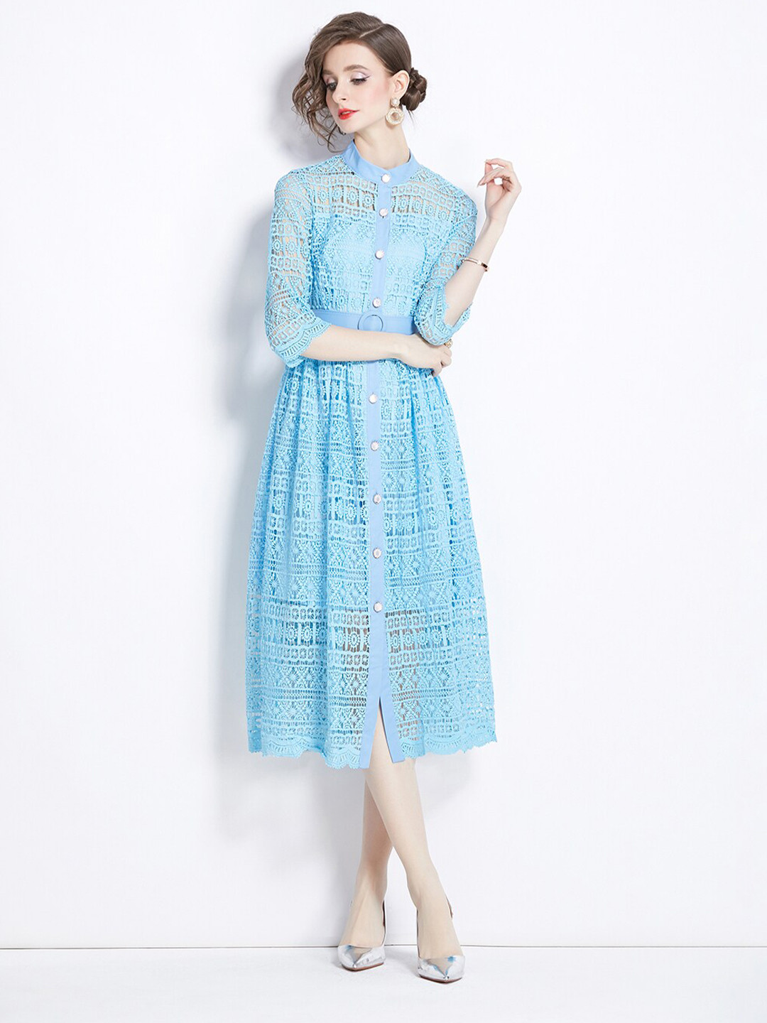 JC Collection Self Design Mandarin Colar Fit & Flare Midi Dress