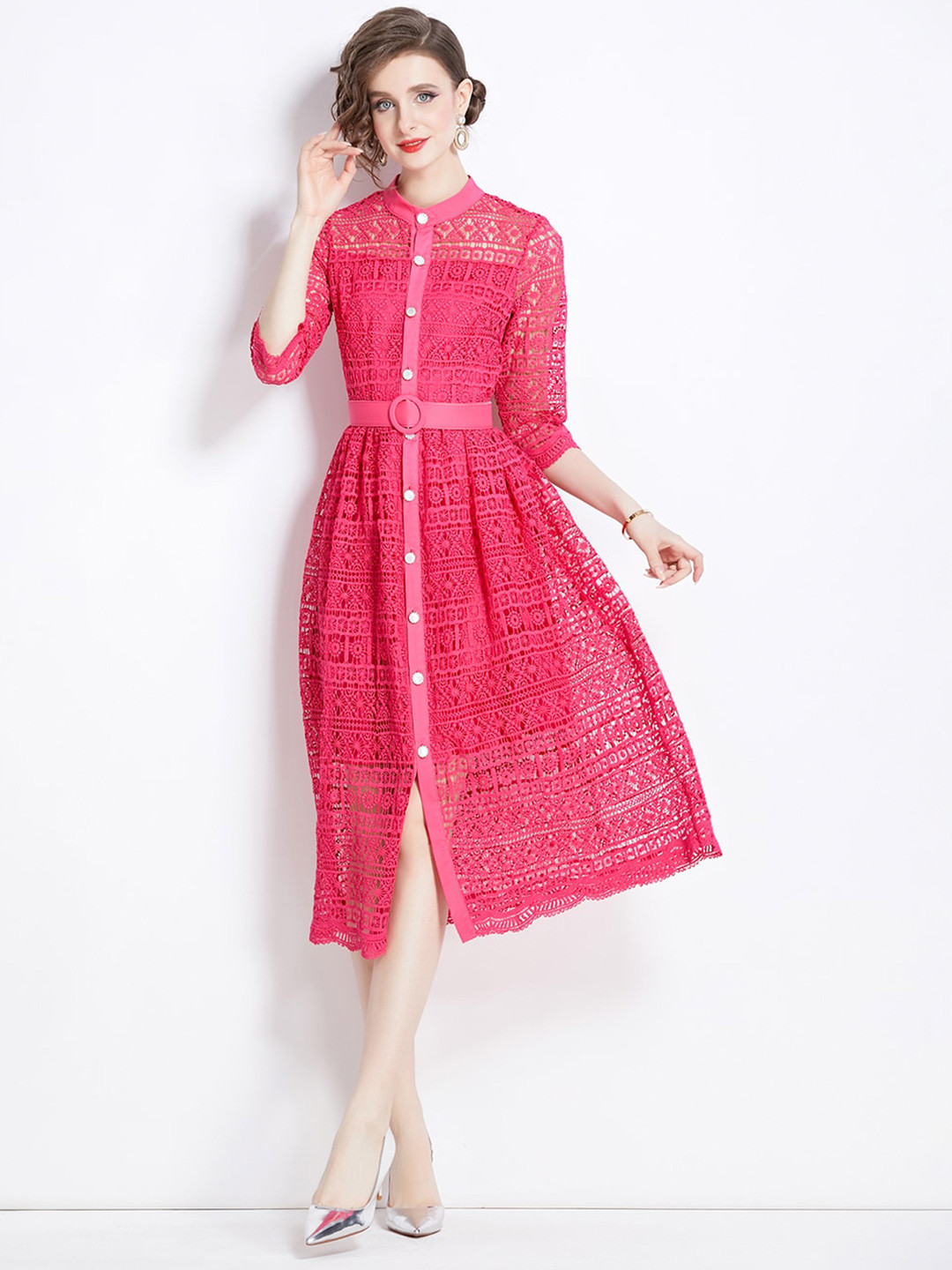 JC Collection Ethnic Motifs Print Self Design Mandarin Collar Fit & Flare Midi Dress