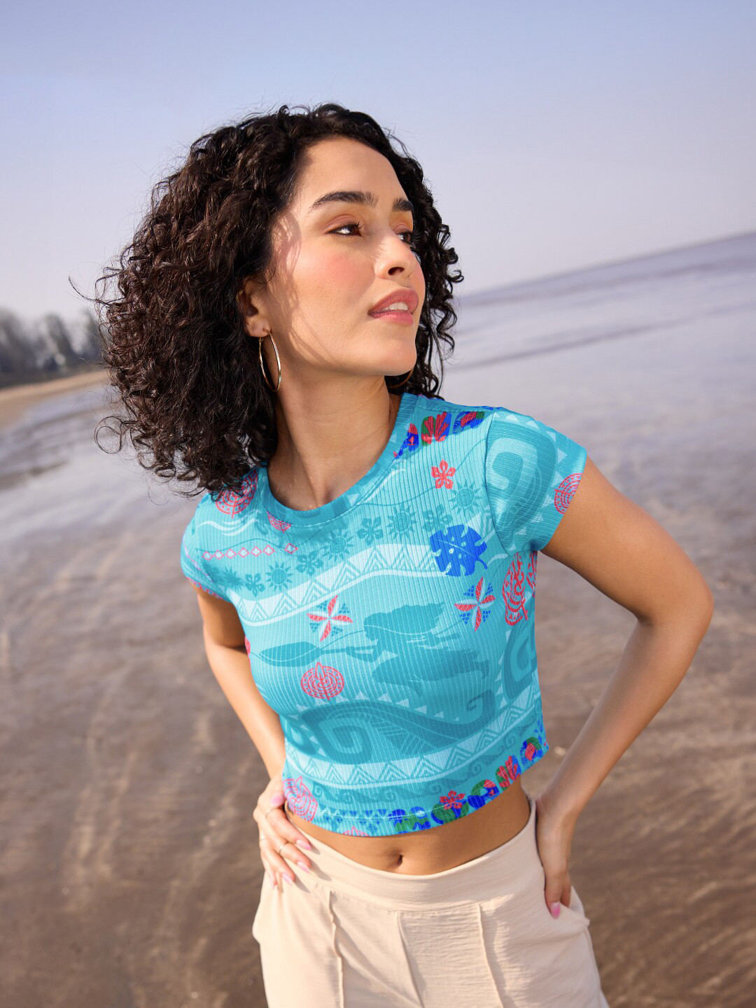 The Souled Store Blue Graphic Printed Cap Sleeves Crop Top