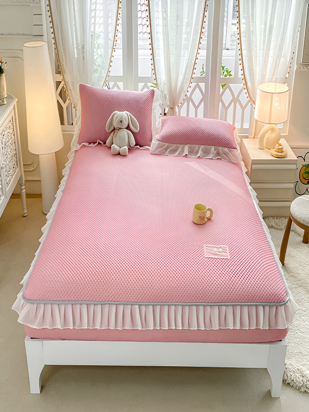 JC HOME Pink Self Design Polycotton 160 TC Fitted King Bedsheet with 2 Pillow Covers-71 x 79 inches