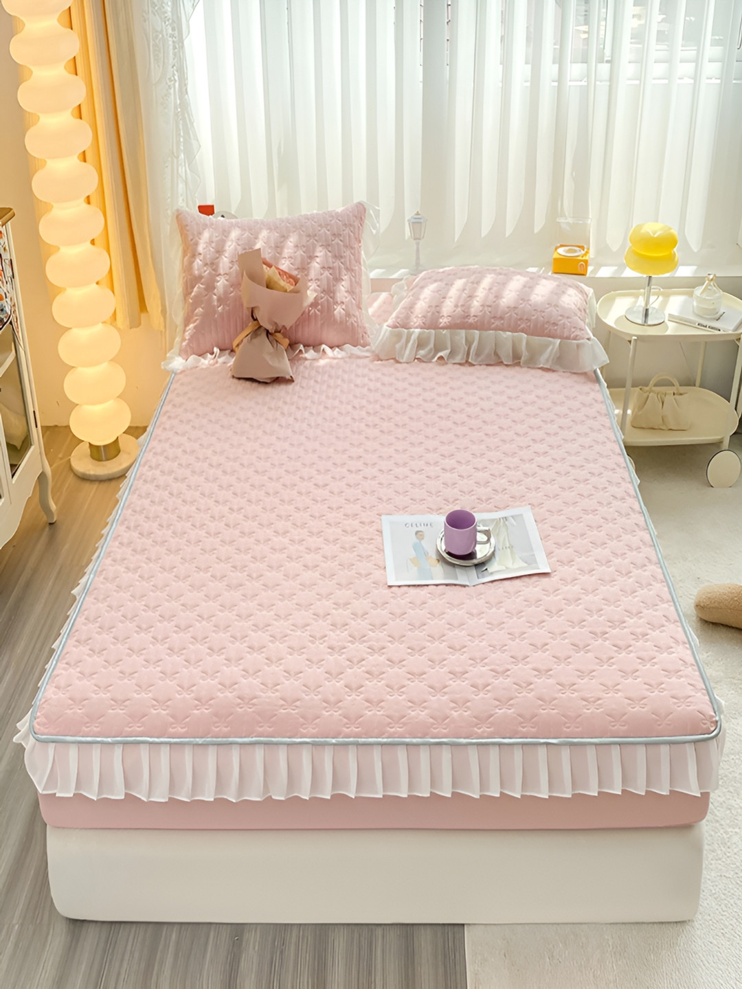 JC HOME Pink Geometric Polycotton 160 TC Fitted Queen Bedsheet with 2 Pillow Covers-59 x 79 inches