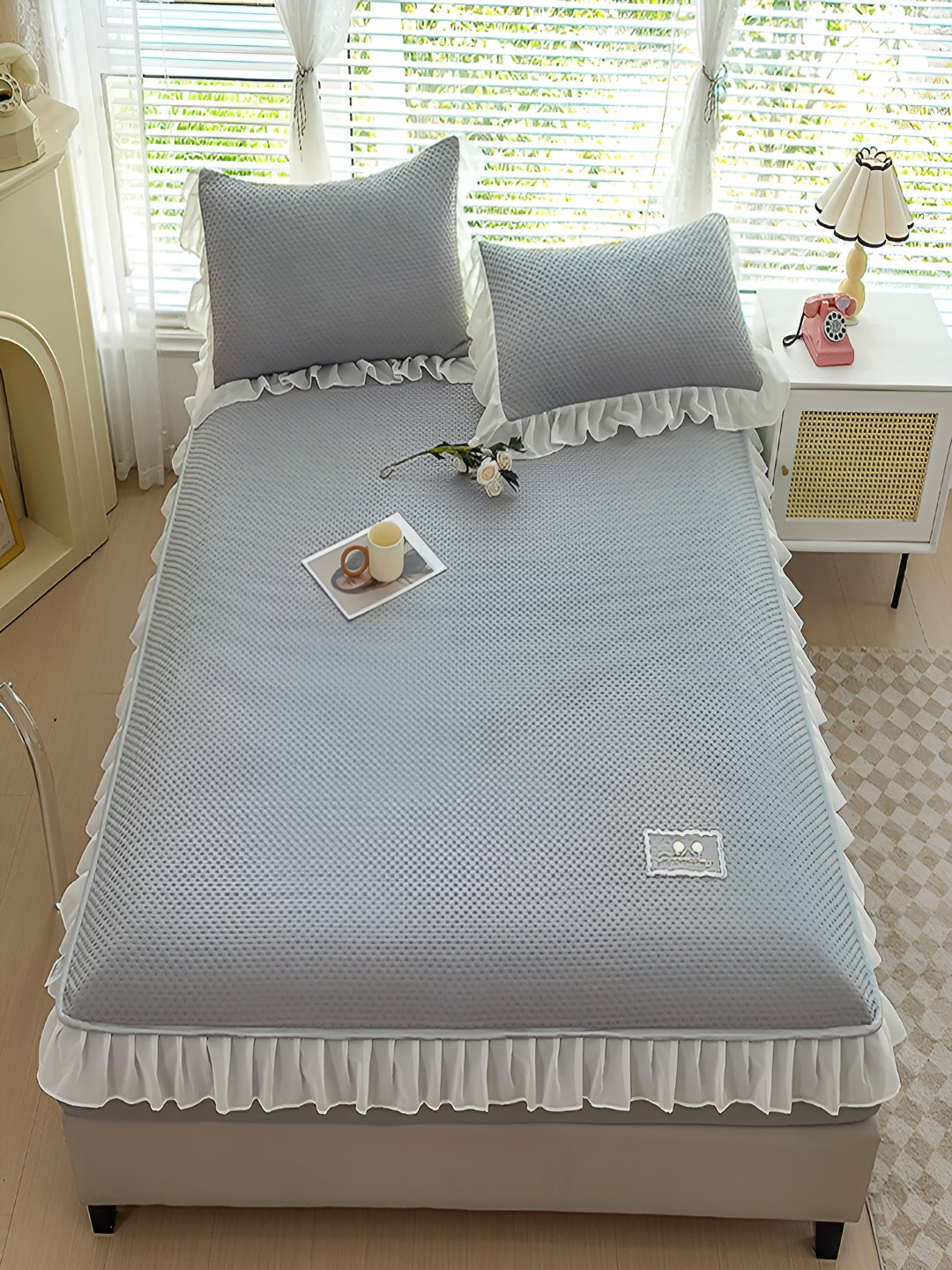 JC HOME Grey Self Design Polycotton 160 TC Fitted King Bedsheet with 2 Pillow Covers-71 x 79 inches