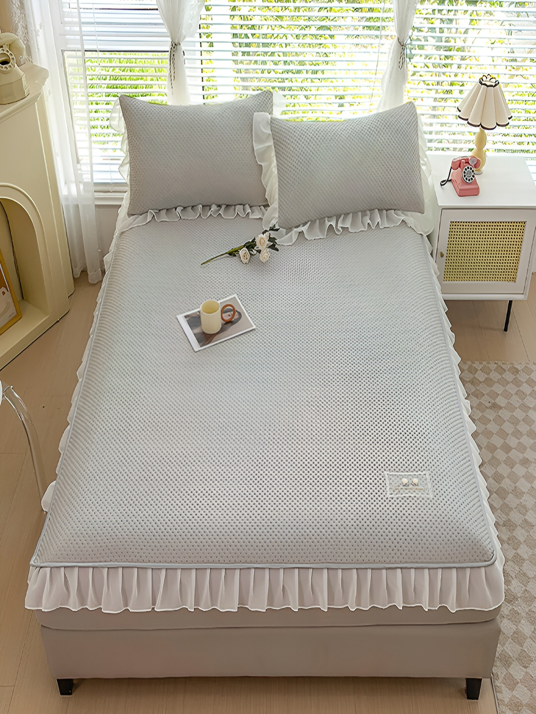 JC HOME Grey Self Design Polycotton Dotted 160 TC Fitted King Bedsheet with 2 Pillow Covers-79 x 87 inches
