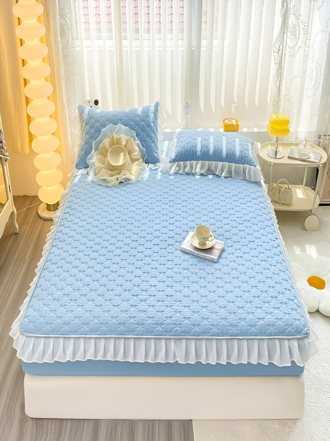 JC HOME Blue Self Design Polycotton 160 TC Fitted King Bedsheet with 2 Pillow Covers-79 x 87 inches