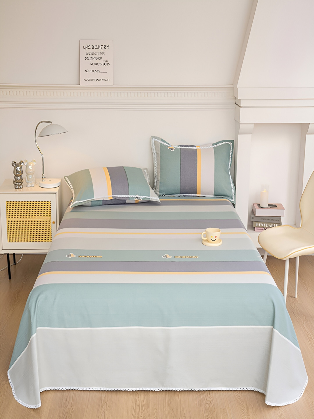 JC HOME Green Striped Polycotton 160 TC King Bedsheet with 2 Pillow Covers-230 x 240 cm