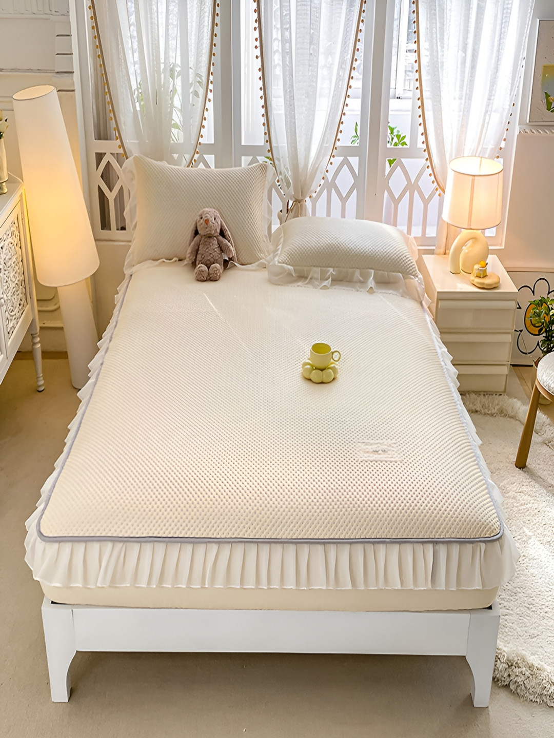 JC HOME Beige Self Design Polycotton 160 TC Fitted King Bedsheet with 2 Pillow Covers-79 x 91 inches