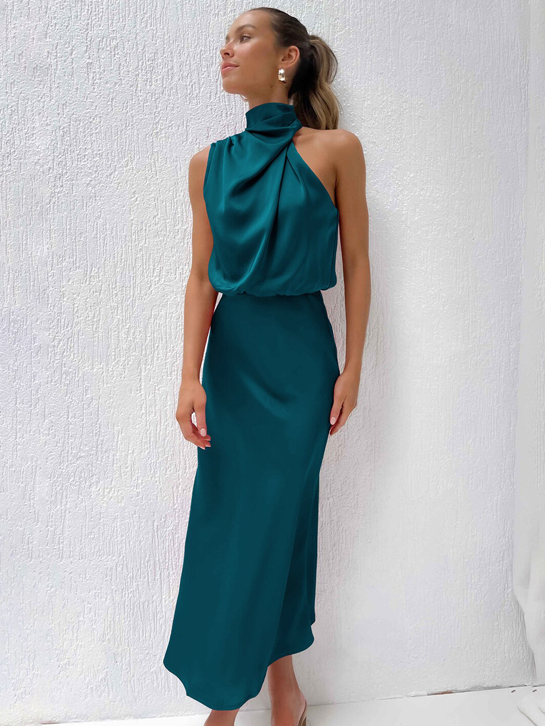 JC Mode Mock Neck Blouson Midi Dress