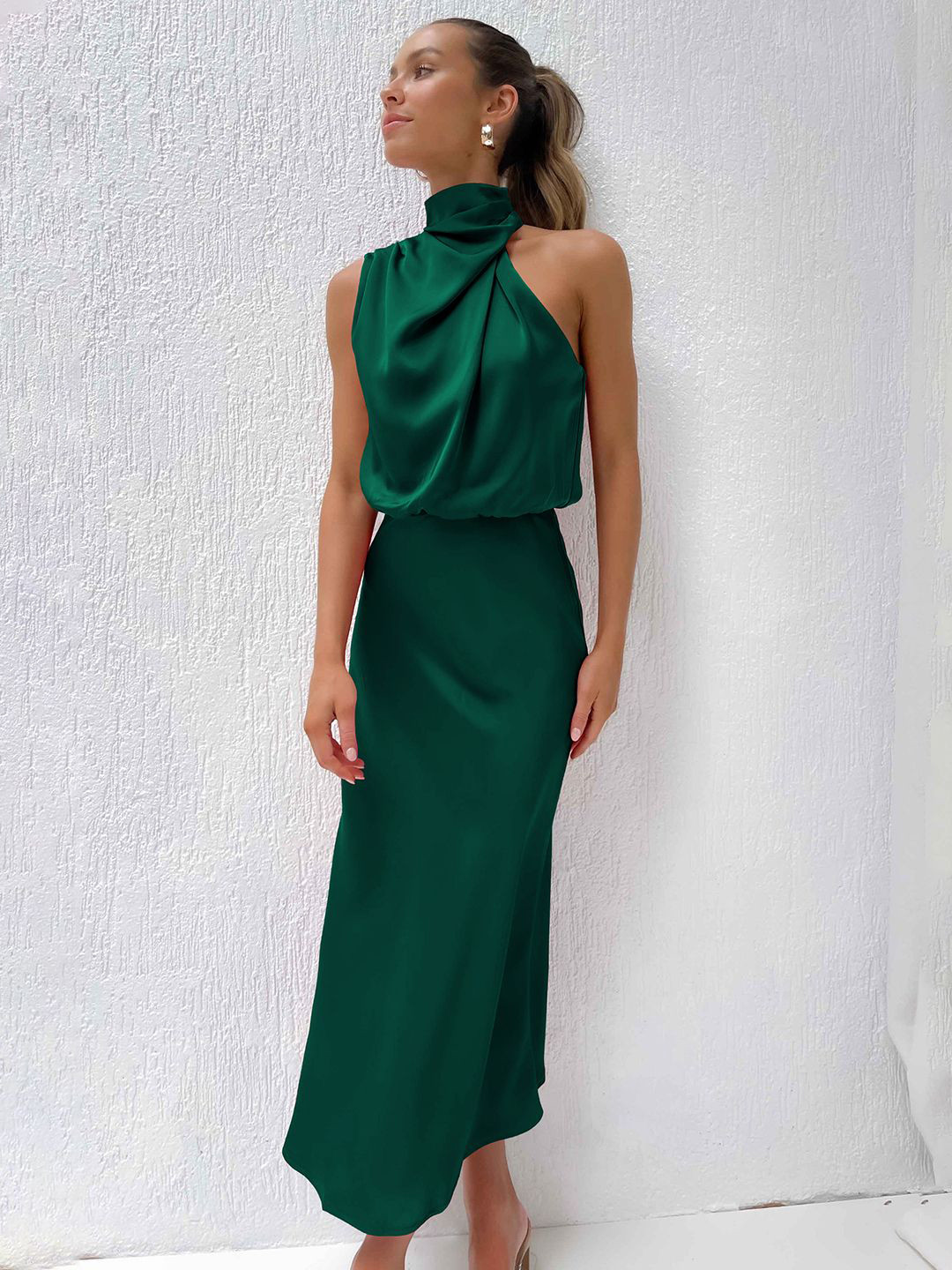 JC Mode Mock Neck Gathered Midi Blouson Casual Dress